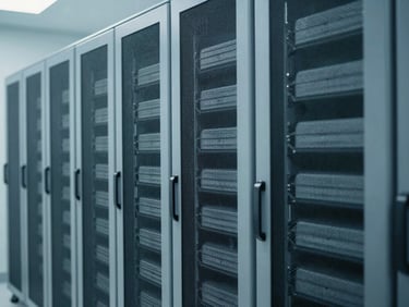 Modern clinical environment, secure server racks in the background, cool clinical photography, bright sterile daylight, desaturated blue and slate tones, sharp focus, 35mm