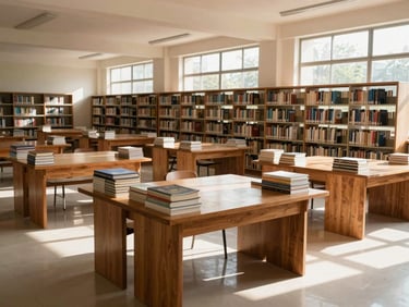 A clean, spacious school library in India with wooden tables, neatly stacked bookshelves, and natural sunlight streaming through large windows, wide environmental shot.