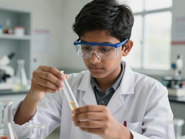 A close-up shot of a focused Indian student conducting a chemistry experiment in a modern, clean science laboratory under bright natural daylight, wearing safety glasses.