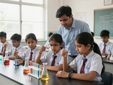 A bright, clean school science laboratory in India, students in neat uniforms conducting a chemistry experiment under natural window light, teacher guiding them at eye level.