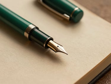 Tight macro shot of a fountain pen resting on heavy parchment, warm ambient light, rich emerald tones.