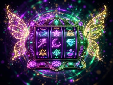 Vibrant 3D render of glowing digital slot reels with magical gold fairy wings, neon purple light, floating particles, high contrast