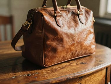 Close-up of a vintage leather handbag with unique detailing, sitting on an antique wooden table in warm golden hour light, shallow depth of field