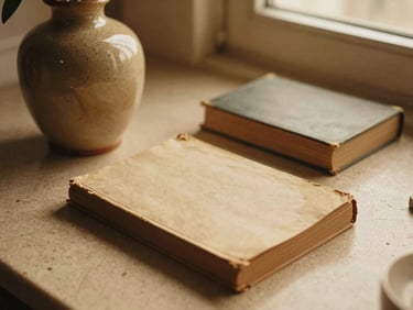 Warm-toned flat lay of vintage home decor items, including a ceramic vase and an old book, on a textured surface under soft window light, rich retro tones