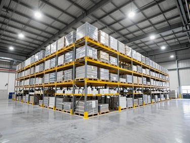 Wide-angle crisp industrial photography of a massive, clean, organized warehouse interior with high-bay racking, bright overhead lighting, safety yellow accents, cool tones.