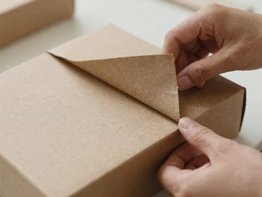 Close-up of hands carefully folding a kraft paper box, soft diffused natural daylight highlighting the organic grain of the paper