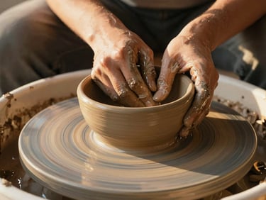 Close-up of hands covered in wet clay shaping a ceramic bowl on a potter's wheel, warm golden hour light, soft grain.
