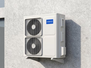 Sleek modern heat pump outdoor unit installed next to a clean concrete wall, architectural daylight, 35mm