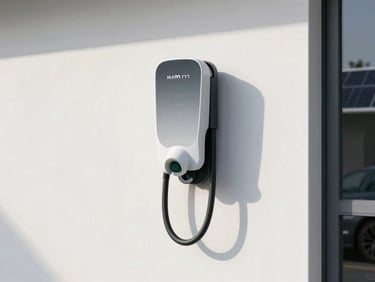 Modern electric vehicle charger mounted on a minimalist garage wall, soft natural light, high-tech B2B aesthetic, 35mm