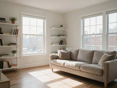 A bright, clean apartment living room in Arlington, Virginia, with natural morning light streaming through large windows, showcasing dust-free shelves and a neatly aligned sofa.