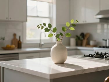 Bright, natural morning light illuminating a clean, modern kitchen counter, a simple ceramic vase with green foliage, soft focus background, realistic DMV home setting.