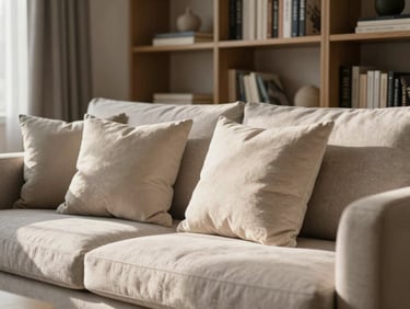 A cozy, sunlit living room with neatly aligned pillows on a modern sofa and dust-free bookshelves in the background.
