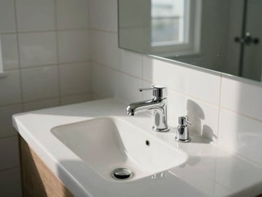 Close-up of a perfectly clean bathroom vanity under bright morning light, showing immaculate tile grout and spotless mirrors.