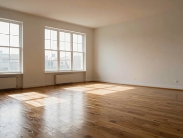 An empty apartment living room with polished hardwood floors reflecting soft daylight streaming through large clean windows.