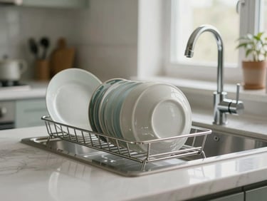 A bright, naturally lit kitchen with gleaming chrome faucets, dust-free countertops, and neatly arranged dishes on a drying rack.