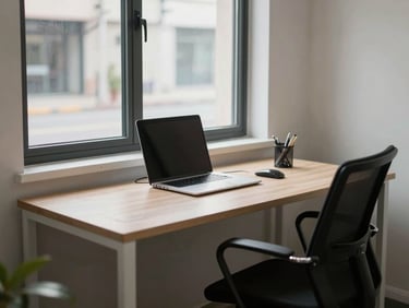 A clean, organized small office space with a tidy desk, a modern chair, and a spotless window overlooking a quiet street.