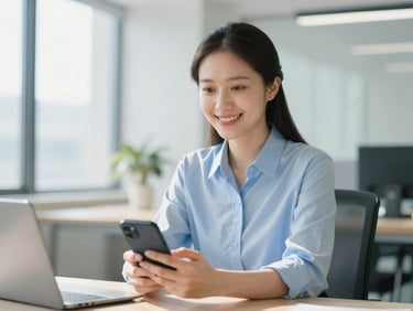 Approachable, friendly advisor in a bright, sunlit modern office holding a smartphone, looking ready to assist, shallow depth of field