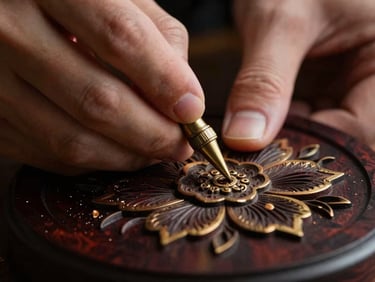Close-up of hands carving intricate floral patterns into dark rosewood, warm side-lighting, wood shavings, macro detail.