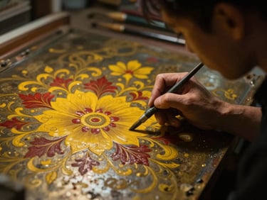 A master artisan painting a brilliant yellow and red floral motif on a metal panel, fine brushstrokes, focused gaze, warm light.