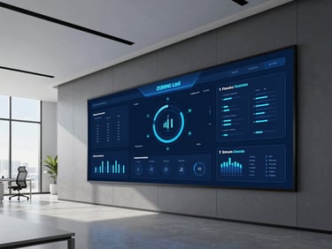 Modern office space with architectural lines, high-resolution data dashboard on wall screen
