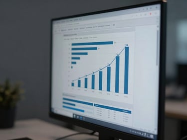Macro photography of clean data dashboard charts on a monitor, cool daylight, graphite tones, sharp focus