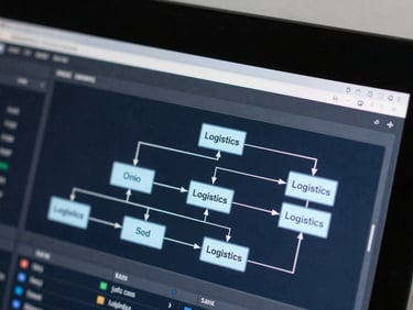 Macro shot of physical screen displaying logistics data flow charts, cool daylight, sharp focus
