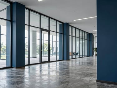 Modern office interior with clean lines, glass walls, daylight reflecting on polished concrete floors