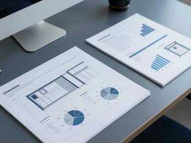 Overhead desk layout with clean technical documents and data charts, architectural framing
