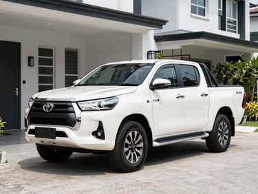A clean white Toyota Hilux 4x4 pickup truck parked in a modern Malaysian residential driveway, bright natural daylight, sharp focus, 35mm