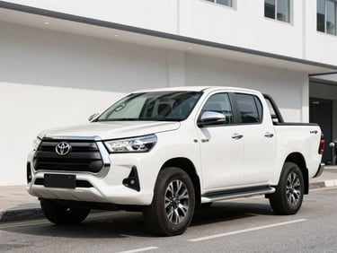A clean white Toyota Hilux 4x4 pickup truck parked in a modern Kuala Lumpur street, bright natural daylight, crisp commercial photography, 35mm