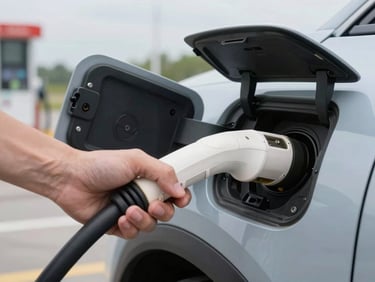 Close-up of a DC fast charger connector plug being inserted into an electric vehicle charging port, hands visible holding the cable, overcast daylight, outdoor fuel station background slightly out of focus