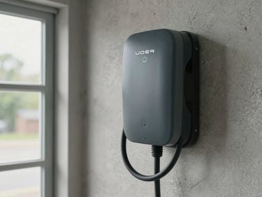 Close-up of a compact residential EV wall charger mounted on a garage wall, cable coiled neatly, natural indoor daylight from a side window, neutral concrete background, no people