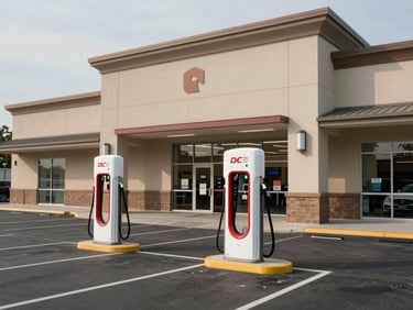 Exterior wide shot of a retail shopping center entrance at midday, two freestanding DC fast-charging stations in the foreground of the parking area, indicator lights active, no people present, overcast neutral sky