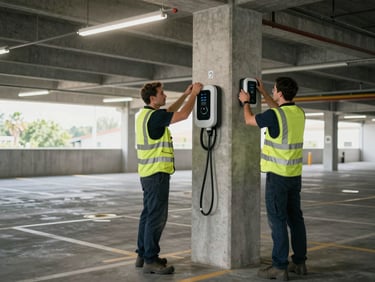 Wide shot of two technicians in high-visibility vests mounting a wall-box charging station on a concrete pillar inside a covered commercial parking structure, tools visible, midday ambient light filtering through the garage entrance