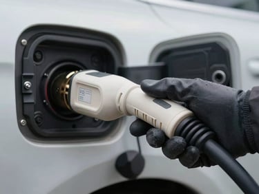 Close-up of a Type 2 EV charging connector being held by a gloved hand, cable taut, charging port of a vehicle visible in background, natural overcast daylight, shallow depth of field on the plug tip