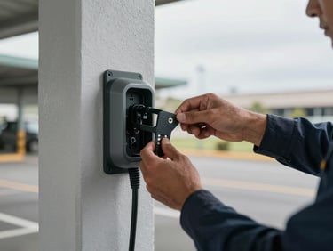 Close-up of a technician's hands positioning a wall-mounted EV charger bracket against a painted concrete pillar in a commercial parking lot, natural overcast midday light, focus on the hardware contact points and mounting hardware, no people's faces visible