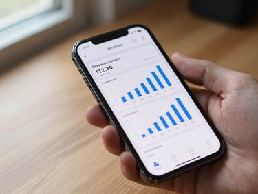 Extreme close-up of a smartphone screen showing a revenue dashboard with bar charts and session counts for a charging station network, held in one hand over a wooden desk surface, natural window light from the left, clean UI visible, no branding text legible