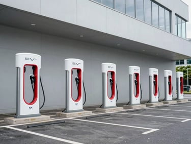 Wide shot of a row of commercial EV charging stations installed along the wall of an office building parking structure, overcast natural daylight, no vehicles present, shot from slightly elevated angle showing the full row context