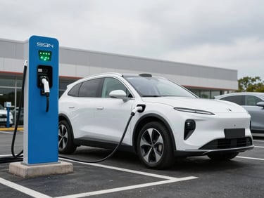 Wide shot of a white electric SUV plugged into a blue commercial charging station in a well-lit retail center parking lot, overcast natural daylight, charging indicator light glowing on the station, no people, shot from low angle showing the cable connection and station face