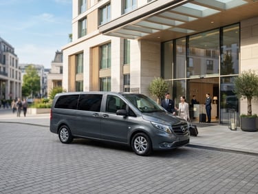A clean, modern Mercedes-Benz Vito luxury transfer van parked in front of a bright, contemporary hotel entrance under soft morning sunlight, professional travel editorial composition.