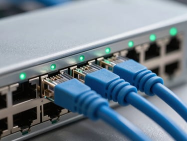 Macro close-up of a network switch with clean blue ethernet cables plugged into ports, green indicator lights blinking, shallow depth of field.