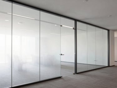 Bright modern editorial office interior, clean glass partition, neutral daylight, cool tones, 35mm lens