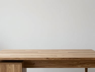 Minimalist workspace with an organized wooden desk, clean lines, neutral daylight, cool tones