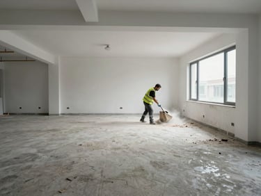 Straight-on wide shot of a post-construction commercial space with concrete dust on floors, a crew member in hi-vis vest and gloves clearing debris near a window, bright overhead site lighting, surfaces visible mid-clean