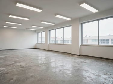 Wide 45-degree angle shot of a freshly cleaned commercial office space after construction work — bare concrete floor swept spotless, construction dust removed from window ledges, bright overhead fluorescent lighting showing the cleared-out result