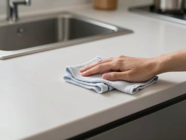 Close-up 45-degree angle photograph of a residential kitchen countertop being wiped down with a cloth, bright studio lighting, clean surfaces and appliances in focus, no people visible