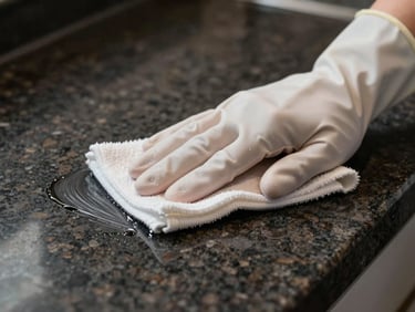 Close-up of a gloved hand wiping a kitchen countertop surface under bright even studio lighting, cleaning product cloth making a streak-free pass across dark granite — no people visible, task-focused detail shot