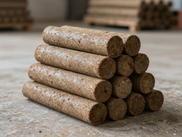 A stack of finished cylindrical biomass briquettes on a clean concrete floor, soft side lighting, industrial warehouse background.