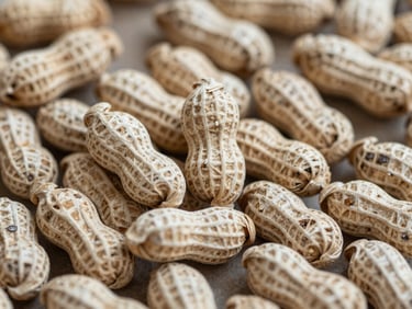 Earthy editorial photography of dense compressed peanut shell briquettes stacked neatly, soft natural daylight, muted organic tones, macro texture detail, 35mm lens