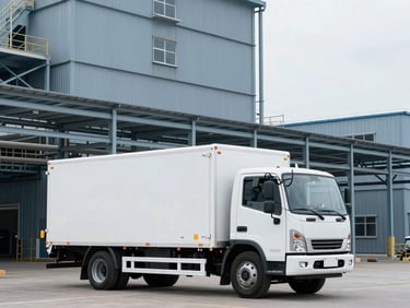 A branded white service truck parked outside a modern steel industrial plant, cool overcast daylight, steel blue tones, crisp technical detail